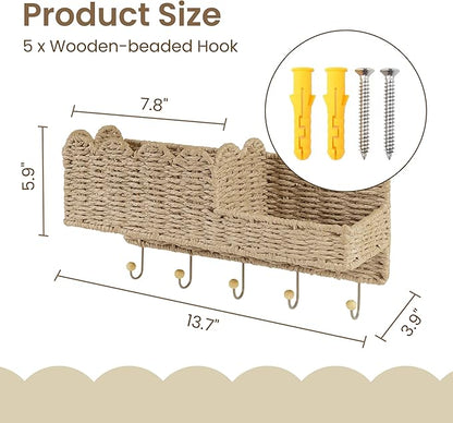 AELS Scalloped Woven Wall Mount Key Holder with 5 Hooks, Decorative Paperstraw Mail Organizer for Entryway, Wave Design Ratte