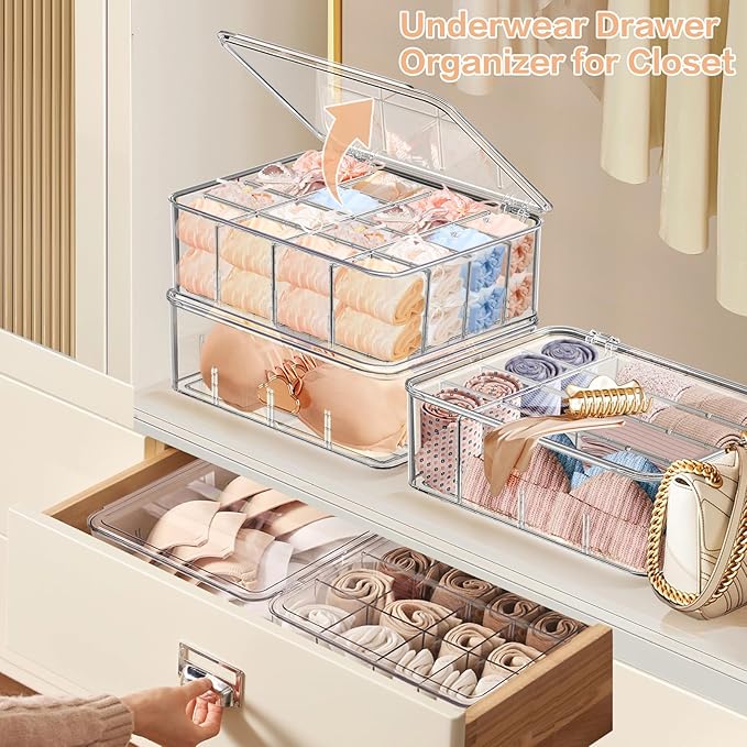 2pcs Sock Underwear Organizer, Sunoyar 16 Compartment Adjustable Dividers Tie Bras Socks Underwear Drawer Organizers for Clos