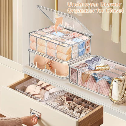 2pcs Sock Underwear Organizer, Sunoyar 16 Compartment Adjustable Dividers Tie Bras Socks Underwear Drawer Organizers for Clos