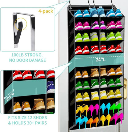 Heavy-Duty, over the door shoe organizer, Extra-Wide Large, shoe organizer, Holds 30 Pairs & Supports 100lbs, shoe rack, with