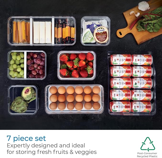 iDesign Crisp 7-Piece Recycled Plastic Refrigerator Organizer Bin Set with Lids, Clear/White