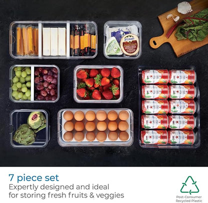 iDesign Crisp 7-Piece Recycled Plastic Refrigerator Organizer Bin Set with Lids, Clear/White