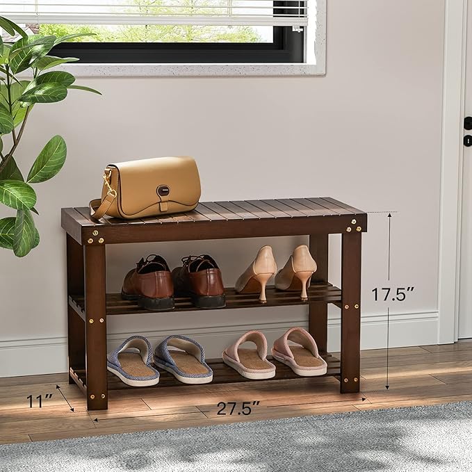 Pipishell Bamboo Shoe Rack Bench, 3 Tier Sturdy Shoe Bench, Storage Shoe Organizer, Holds up to 300lbs for Entryway Bedroom L