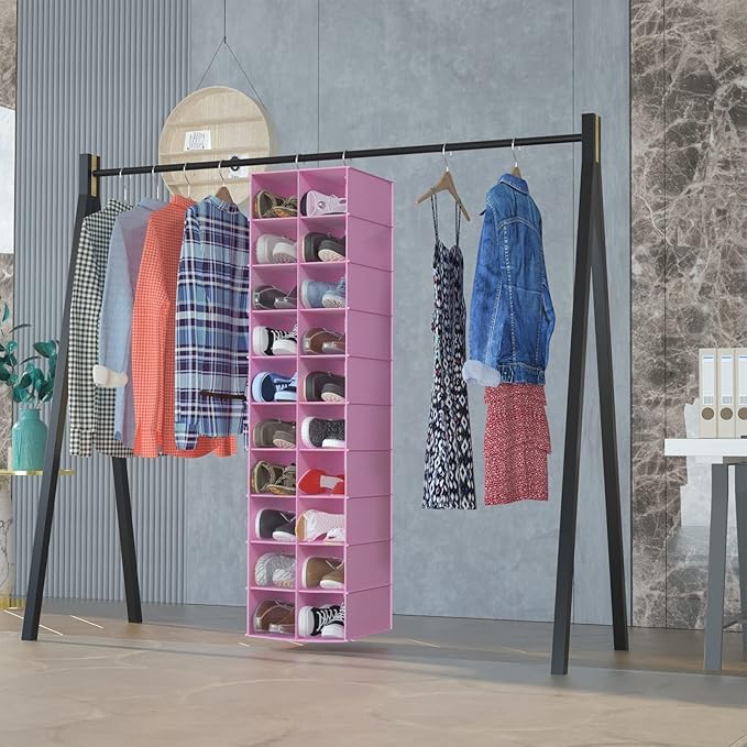 coastal rose Hanging Shoe Organizer for Closet, 20 Sections Hanging Closet Organizers and Storage Shelves, Space Saving Shoe 
