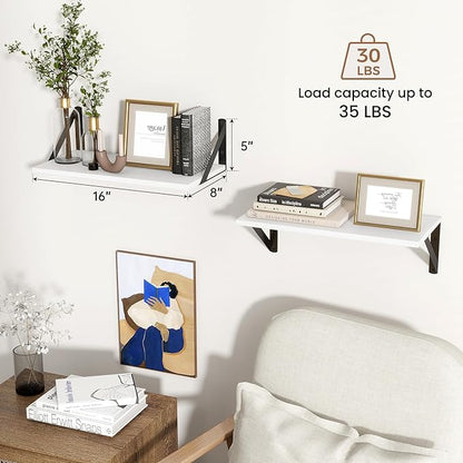Axeman White Floating Shelves for Wall, 16''W x 8''D Floating Shelves Set of 2, 8 Inch Deep Wall Shelves for Bookshelf Living