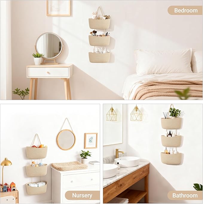 Dahey Over The Door Hanging Basket 3-Tier Woven Boho Wall Mounted Storage Organizer with Hooks for Bedroom Nursery Bathroom A