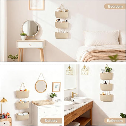 Dahey Over The Door Hanging Basket 3-Tier Woven Boho Wall Mounted Storage Organizer with Hooks for Bedroom Nursery Bathroom A