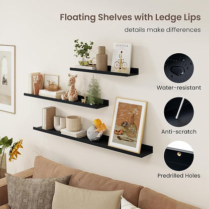 Axeman Picture Ledge Shelf | 16 Inch Black Floating Shelves Set of 3 | Rustic Wood Wall Shelves with Lip | 16" Black Picture 