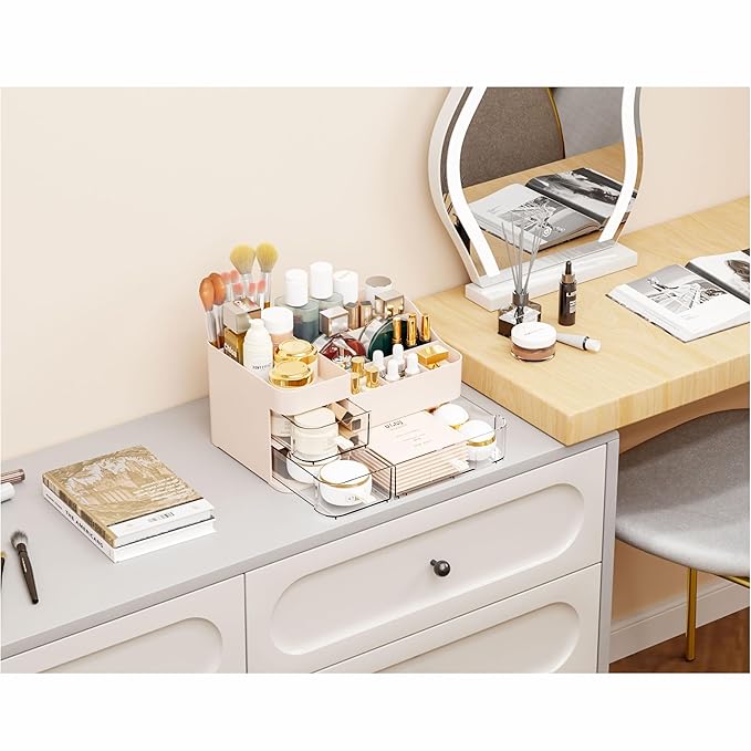 Pink Make up Organizers for Vanity with 3 Drawers,Large Skincare Organizers for Countertop,Desk,Dresser,Plastic Bathroom Coun