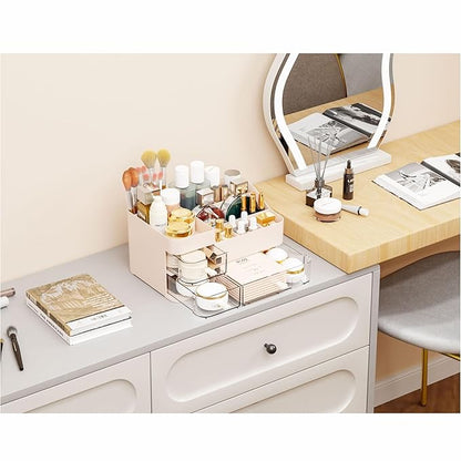 Pink Make up Organizers for Vanity with 3 Drawers,Large Skincare Organizers for Countertop,Desk,Dresser,Plastic Bathroom Coun