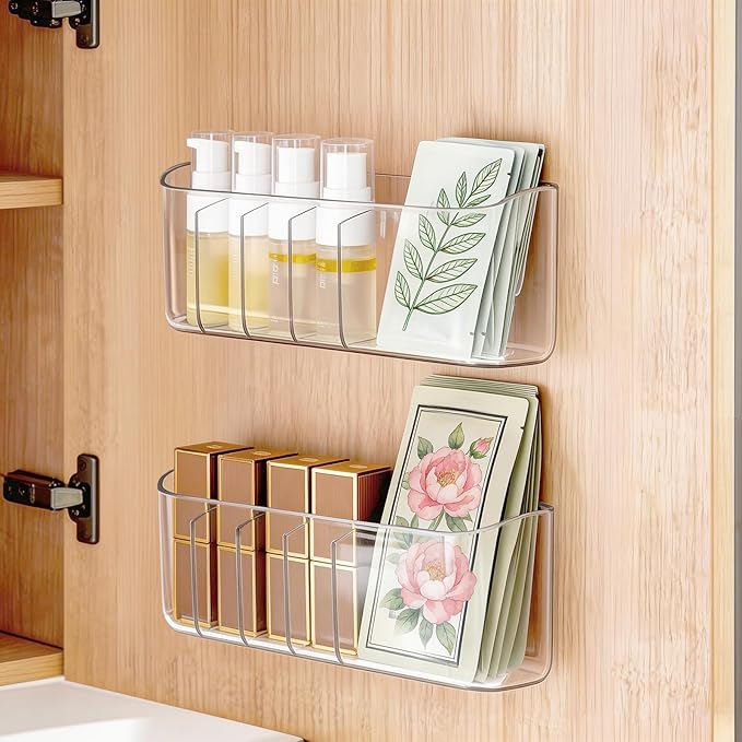 PAVSTINE 2 Pack Adhesive Medicine Cabinet Organizer, Clear Wall Mounted Makeup Storage Shelves for Bathroom Vanity, No Drilli