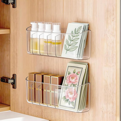 PAVSTINE 2 Pack Adhesive Medicine Cabinet Organizer, Clear Wall Mounted Makeup Storage Shelves for Bathroom Vanity, No Drilli