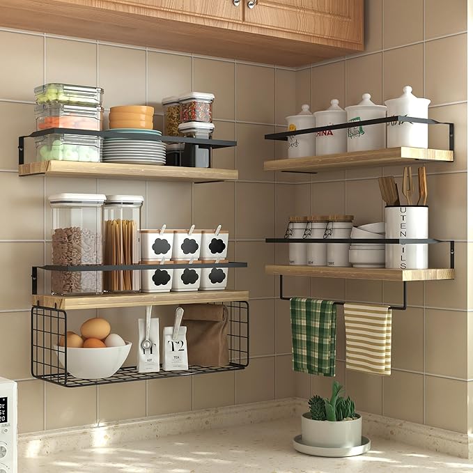 Wood Floating Shelves Wall Mounted - 4+1 Tier Rustic Bathroom Wall Shelves Over Toilet with Wire Storage Basket and Towel Bar
