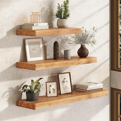Fun Memories 36 Inch Floating Shelves for Wall, Solid Elm Wood Wall Shelf for Home Decor, Heavy-Duty Hardwood Floating Shelf 