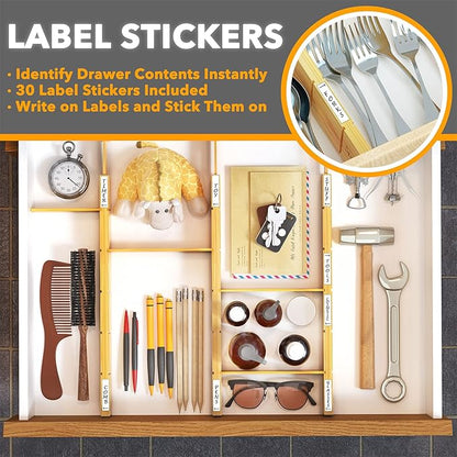 SpaceAid Bamboo Drawer Dividers with Inserts and Labels, 4 Dividers with 9 Inserts (17-22 in), Bag Storage Organizer (4 Pack)