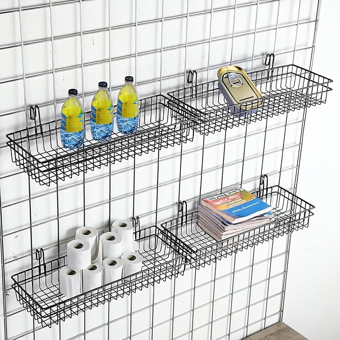 4 Pack 15.75 x 6 x 2.36 Inch Metal Grid Wall Baskets with Hooks, Hanging Wire Grid Basket, Multi-Function Wall Mounted Organi