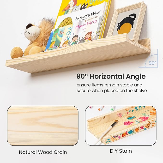 Picture Ledge Shelf for Wall, 48 inches Solid Pine Wood Nursery Book Shelves 3 Packs, Floating Ledge Shelves for Kids' Room B