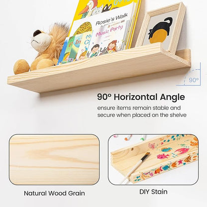 Picture Ledge Shelf for Wall, 48 inches Solid Pine Wood Nursery Book Shelves 3 Packs, Floating Ledge Shelves for Kids' Room B