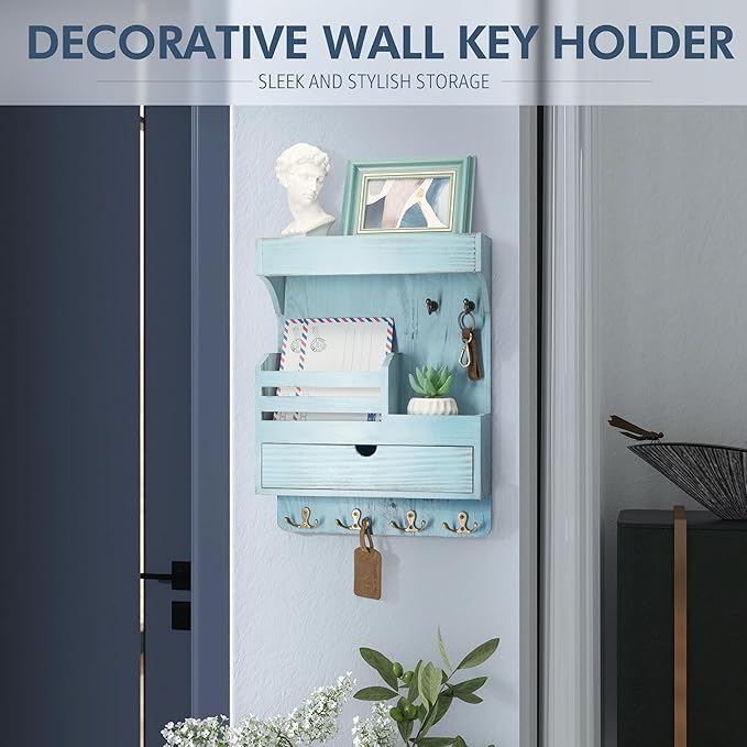 Rebee Vision Farmhouse Key Holder Wall Mount with Drawer Organizer – Pine Wooden Mail & Key Organizer with 6 Sturdy Hooks & F