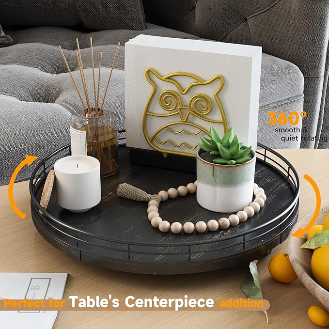12" Oak Bathroom Vanity Tray Turntable for Perfume Candle, Round Wooden Decorative Tray for Kitchen Sink Countertop Organizer