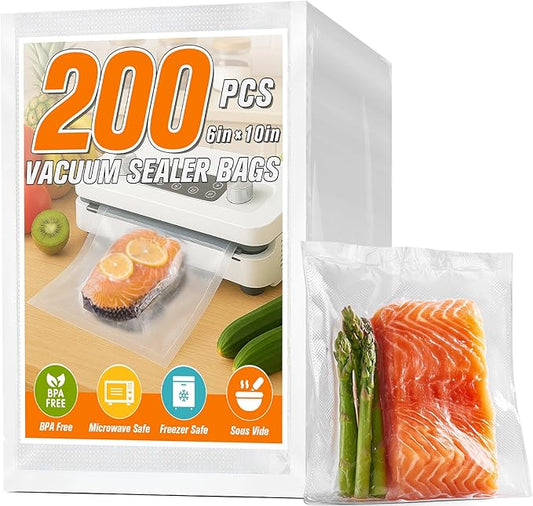 FUNFERY Precut Vacuum Sealer Bags for Food, 200 Pint 6" x 10", Food Long-Term Storage and Sous Vide Commercial-Grade Bag, BPA