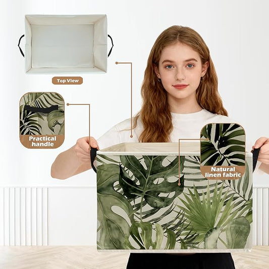 Boho Tropical Botanical Storage Box Bins, Green Monstera Palm Plant Leaf Collapsible Storage Basket Organizer for Bedroom Lau