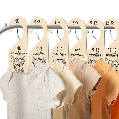 R HORSE 8Pcs Highland Cow Baby Closet Dividers, Double Sided Baby Closet Organizers Nursery Hanger Dividers Wood Size Divider