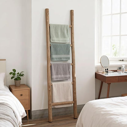 Wooden Blanket Ladder Natural & Motley Wood - Leaning Wall Decor for Bedroom, Bathroom, Living Room - Rustic Quilt Holder & T