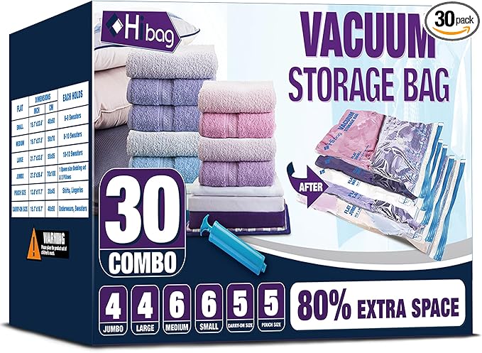 HIBAG Vacuum Storage Bags, 30-Pack Space Saver Vacuum Storage Bags, Vacuum Seal Bags for Clothing, Clothes, Comforters and Bl