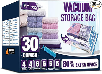 HIBAG Vacuum Storage Bags, 30-Pack Space Saver Vacuum Storage Bags, Vacuum Seal Bags for Clothing, Clothes, Comforters and Bl