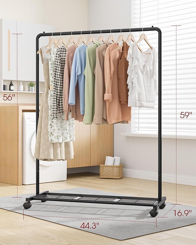 Sakugi Clothes Rack - Clothing Rack with Storage Mesh Shelf & Casters, Heavy-Duty Metal Clothing Rack for Hanging Clothes, Dr