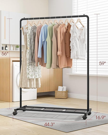 Sakugi Clothes Rack - Clothing Rack with Storage Mesh Shelf & Casters, Heavy-Duty Metal Clothing Rack for Hanging Clothes, Dr