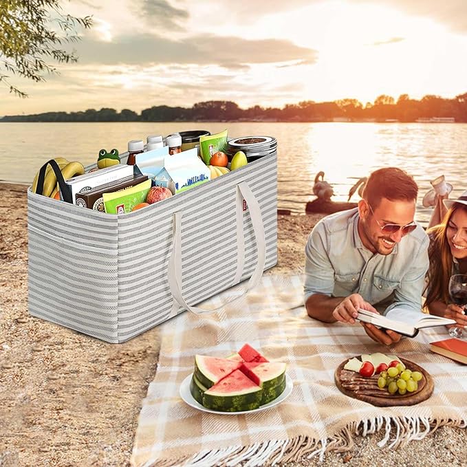 LHZ.K Standing Extra Large Utility Tote Bag 2 Pack, Foldable Reusable Grocery Bags with Metal Wire Frame & Hard Bottom Board