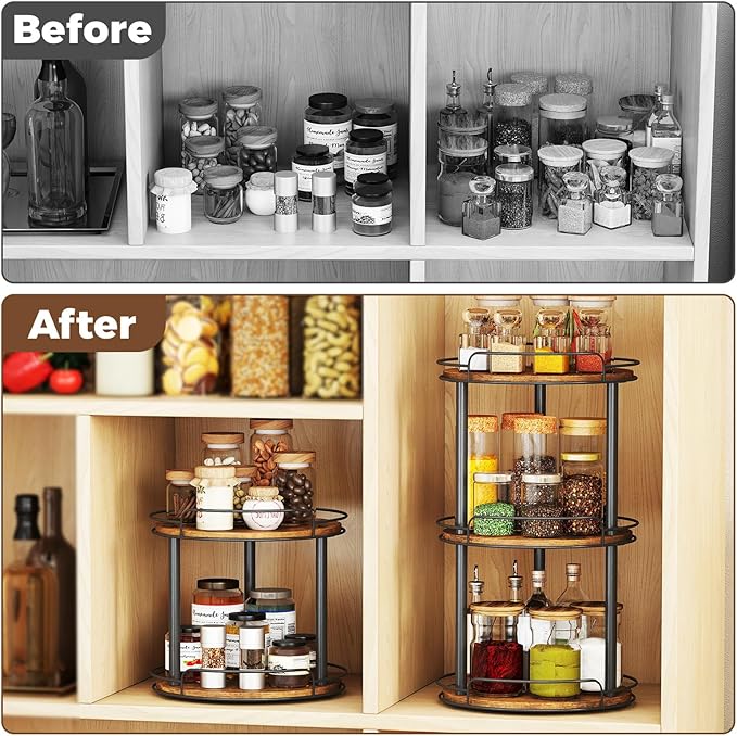 LAMU 10.2'' Wood Lazy Susan Turntable Organizer for Cabinet, 2 Tier Lazy Susan Spice Rack Organizer for Kitchen, Table Top, C