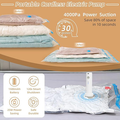 Travel Vacuum Bags with Rechargeable Pump,6 Pack Vacuum Storage Seal Bags for Clothing Suitcase Backpack, Space Saver Compres