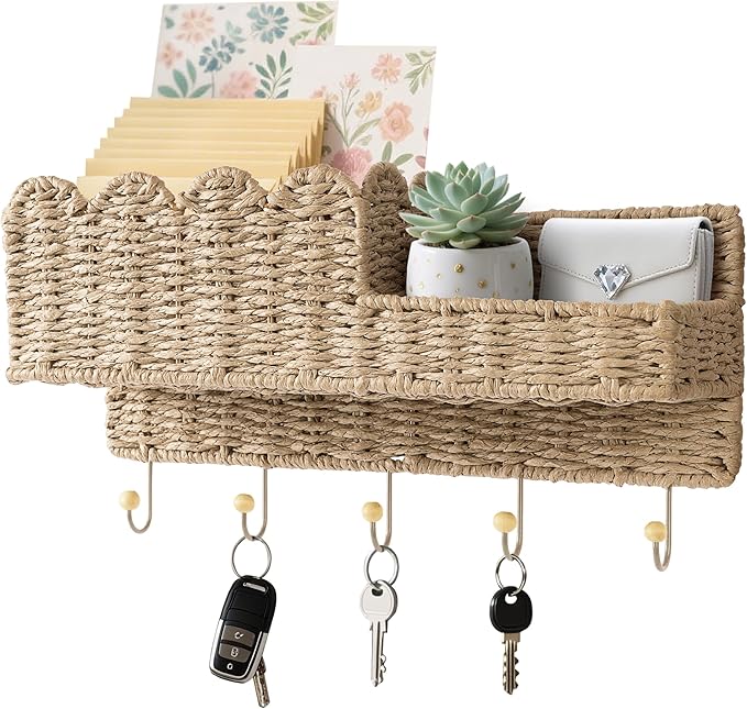 AELS Scalloped Woven Wall Mount Key Holder with 5 Hooks, Decorative Paperstraw Mail Organizer for Entryway, Wave Design Ratte