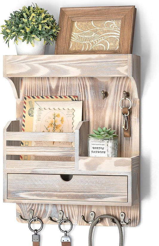 Rebee Vision Farmhouse Key Holder Wall Mount with Drawer Organizer – Wooden Mail & Key Organizer with 6 Strong Hooks & Wall S