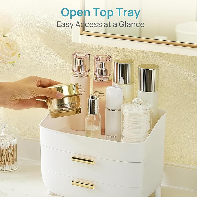 Vtopmart 3-Tier Skincare Makeup Organizer with Drawers for Vanity and Bathroom Countertop, Large Cosmetic Storage Box Case fo