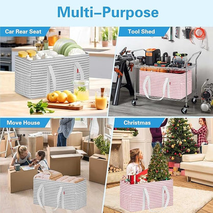LHZ.K Standing Extra Large Utility Tote Bag 2 Pack, Foldable Reusable Grocery Bags with Metal Wire Frame & Hard Bottom Board