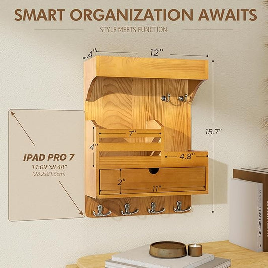 Modern Farmhouse Key Holder Wall Mount with Drawer Organizer – Pine Wooden Mail and Key Organizer with 6 Durable Hooks & Floa