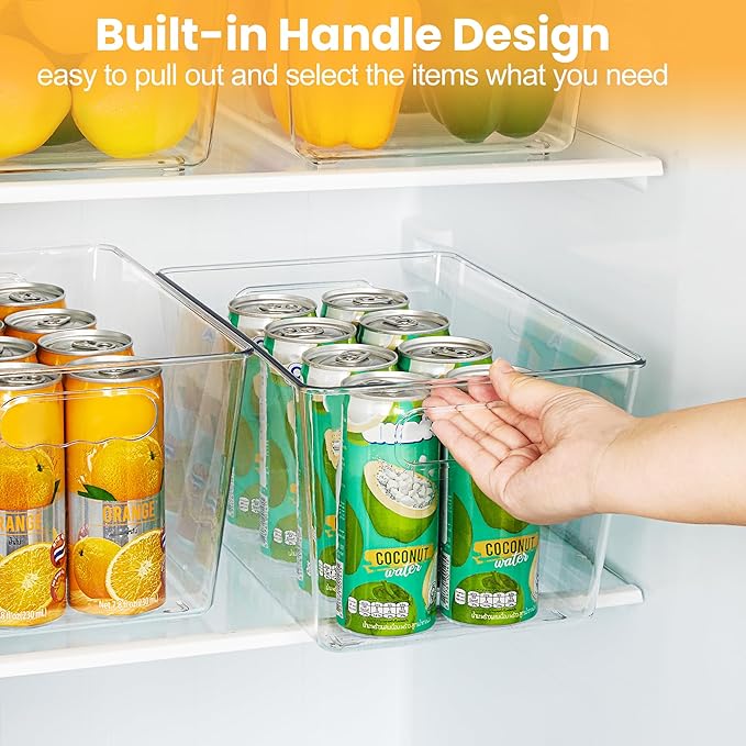 YIHONG 6 Pack Clear Pantry Organizer Bins, Plastic Containers with Handle for Kitchen,Freezer,Cabinet,Closet,Bathroom Under S