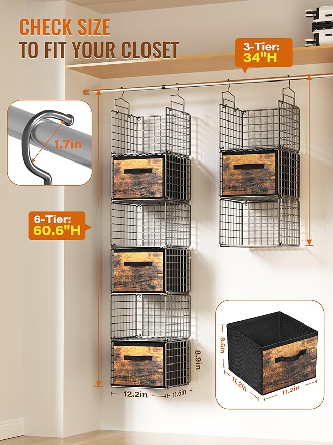 Closet Hanging Organizer with Drawers, 6 Tier Metal Closet Organizers and Storage with 4 Hanging Hooks 4 S-Hooks for Wardrobe