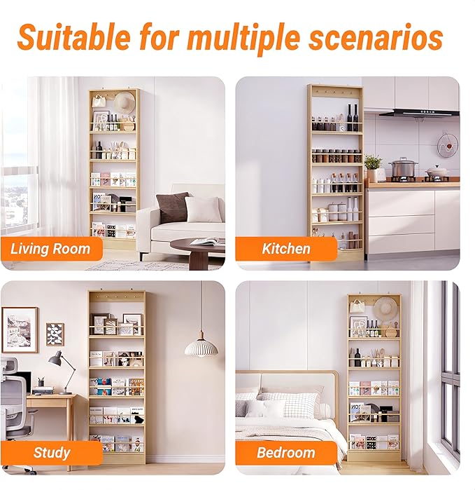 Modern Minimalist Wall-Mounted Bookshelf, Solid Wood Multi-Layer Storage Shelf, 72 Inches High, Space-Saving Design, Ideal fo