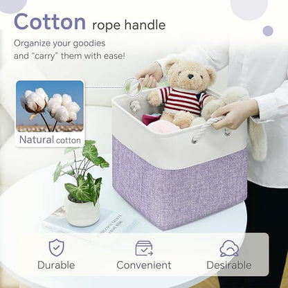 FinishingBo Large 11x11 Inch Cube Storage Bins with Cotton Handles for Closet, Shelves, Clothes, Towel (White/Purple-6 Pack)