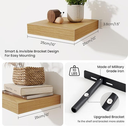 Fun Memories Floating Shelves for Wall - 10" x 10" Wood Shelf with Invisible Bracket - Deep Floating Shelves - 10 Inch Shelf 