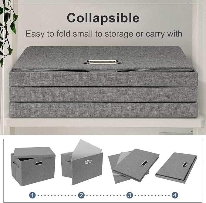 Graciadeco Large 17" 36 Quart Collapsible Stackable Storage Bins with Lids, 3 Packs Grey Linen Fabric Closet Boxes with Lids,