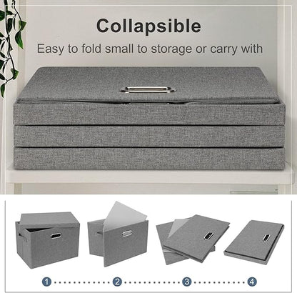 Graciadeco Large 17" 36 Quart Collapsible Stackable Storage Bins with Lids, 3 Packs Grey Linen Fabric Closet Boxes with Lids,