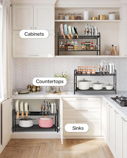 HULISEN Pots and Pans Organizer Under Cabinet, Expandable 2-Tier Pots and Pans Lid Storage Rack Holder with 10 Dividers, Adjustable Height Under Sink Organizer, Maximize Kitchen Storage Space