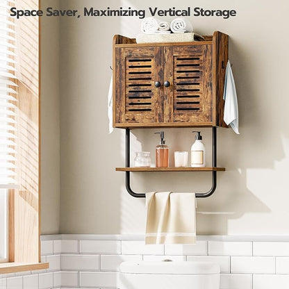 HOOBRO Bathroom Wall Cabinet, Double Doors Medicine Cabinet with Towel Bar, Adjustable Shelf, 2 Hooks, Over The Toilet Storag