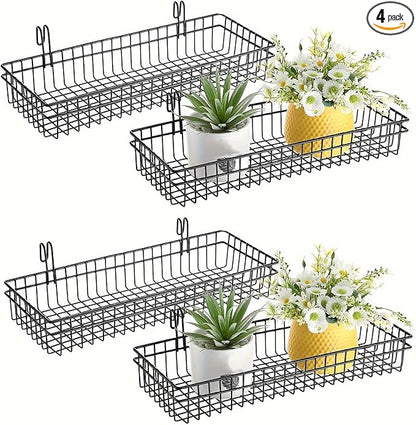 4 Pack 15.75 x 6 x 2.36 Inch Metal Grid Wall Baskets with Hooks, Hanging Wire Grid Basket, Multi-Function Wall Mounted Organi